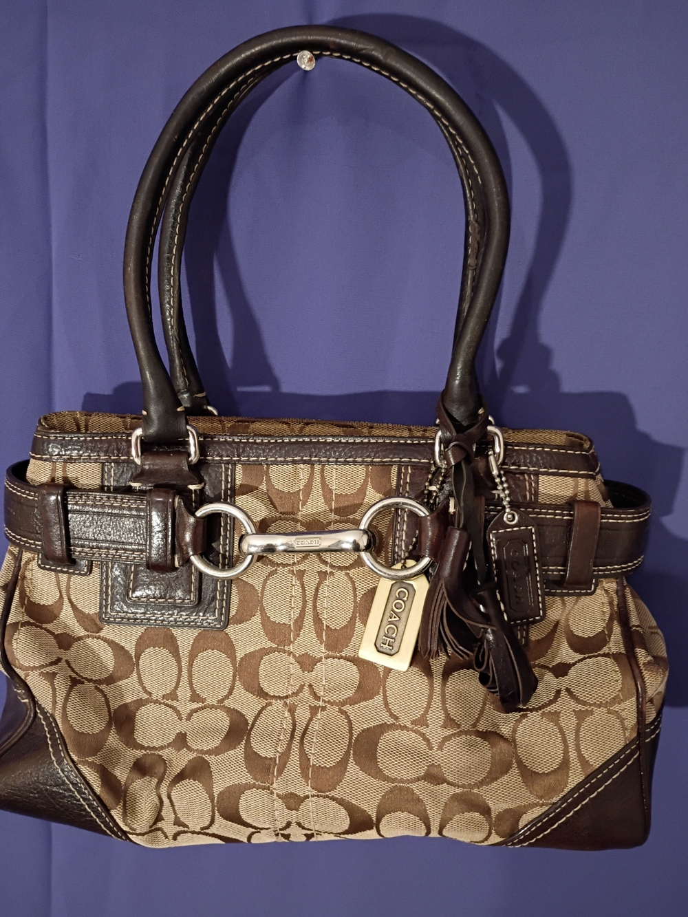 Coach Brown Signature Canvas Shoulder Bag with Dark Brown Leather Trim